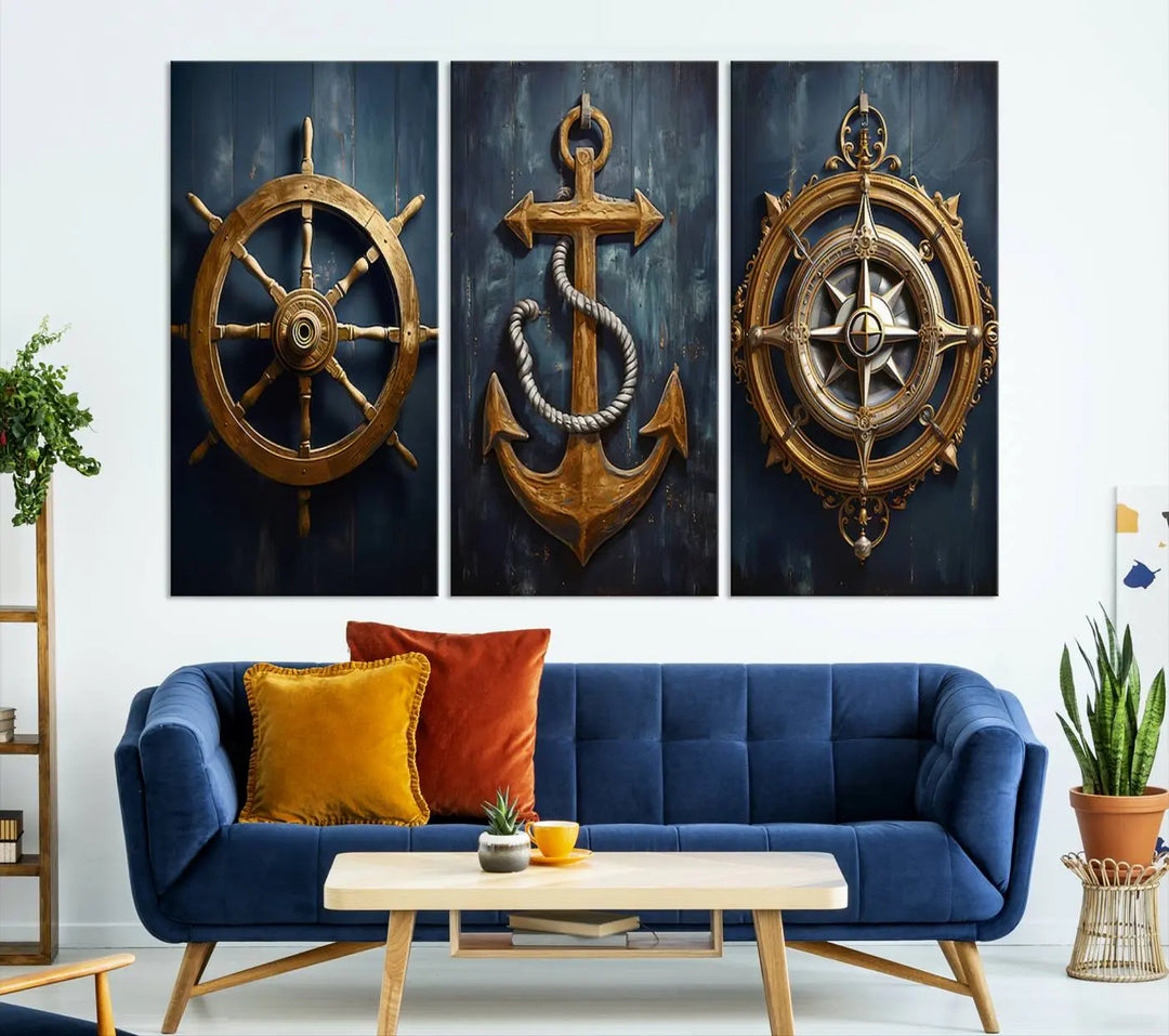 The walls are adorned with the Boat Anchor Compass With Rope Wall Art Canvas Print, evoking the serene essence of the sea in coastal decor.