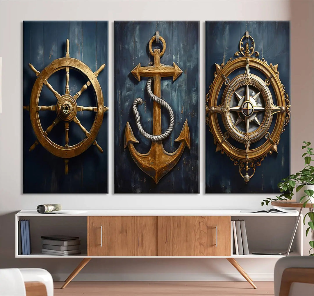 The walls are adorned with the Boat Anchor Compass With Rope Wall Art Canvas Print, evoking the serene essence of the sea in coastal decor.