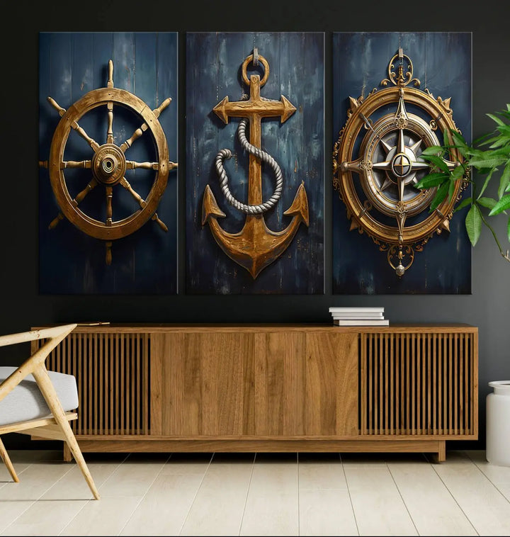 The walls are adorned with the Boat Anchor Compass With Rope Wall Art Canvas Print, evoking the serene essence of the sea in coastal decor.