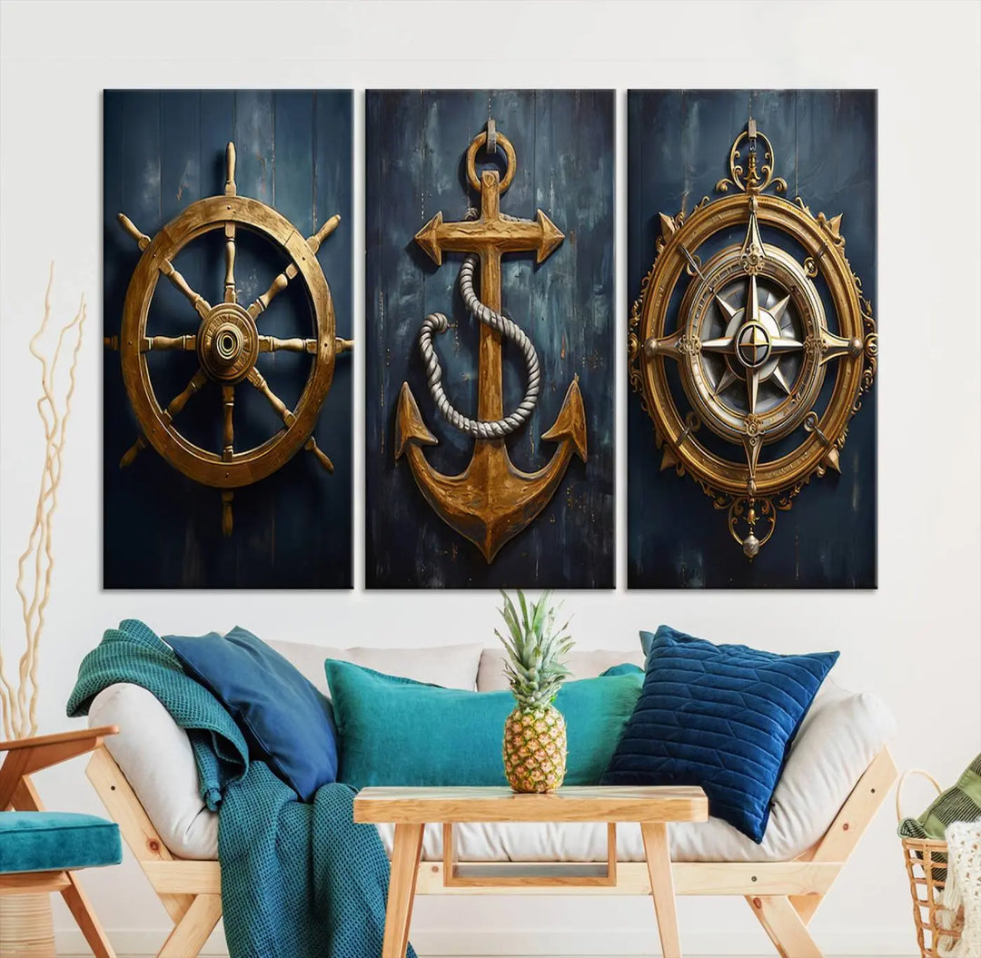 The walls are adorned with the Boat Anchor Compass With Rope Wall Art Canvas Print, evoking the serene essence of the sea in coastal decor.