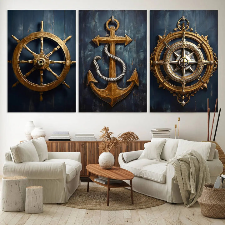 The walls are adorned with the Boat Anchor Compass With Rope Wall Art Canvas Print, evoking the serene essence of the sea in coastal decor.