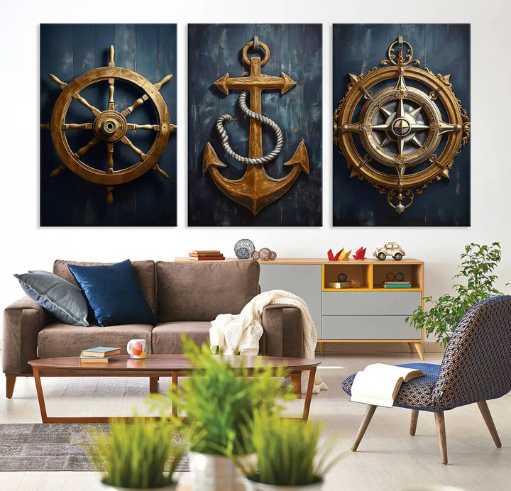 The walls are adorned with the Boat Anchor Compass With Rope Wall Art Canvas Print, evoking the serene essence of the sea in coastal decor.