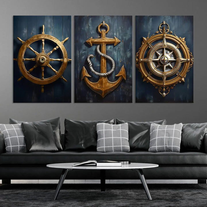 The walls are adorned with the Boat Anchor Compass With Rope Wall Art Canvas Print, evoking the serene essence of the sea in coastal decor.