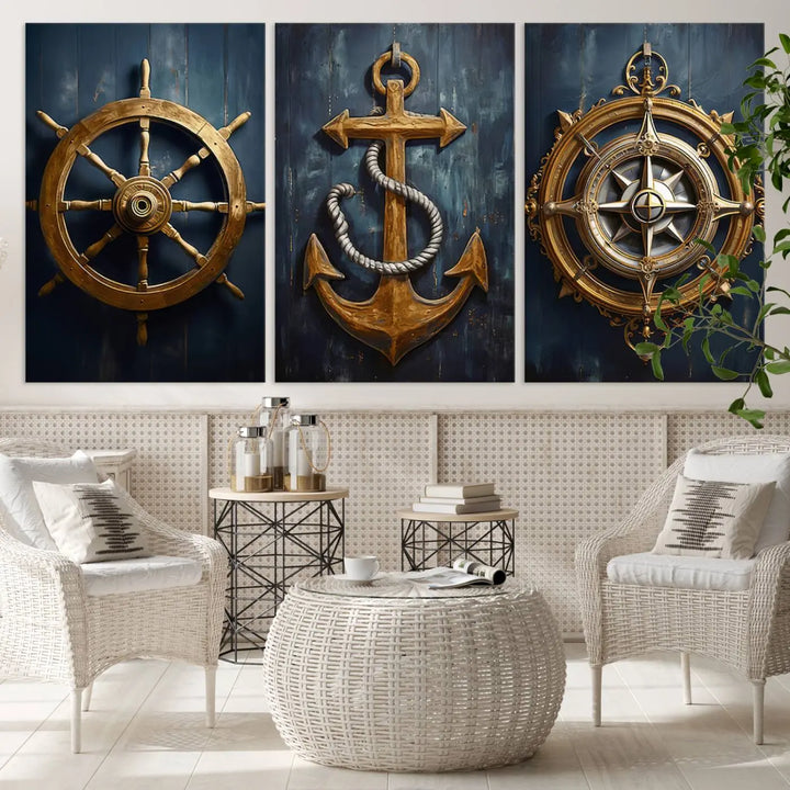 The walls are adorned with the Boat Anchor Compass With Rope Wall Art Canvas Print, evoking the serene essence of the sea in coastal decor.