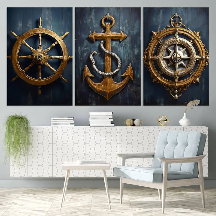 The walls are adorned with the Boat Anchor Compass With Rope Wall Art Canvas Print, evoking the serene essence of the sea in coastal decor.