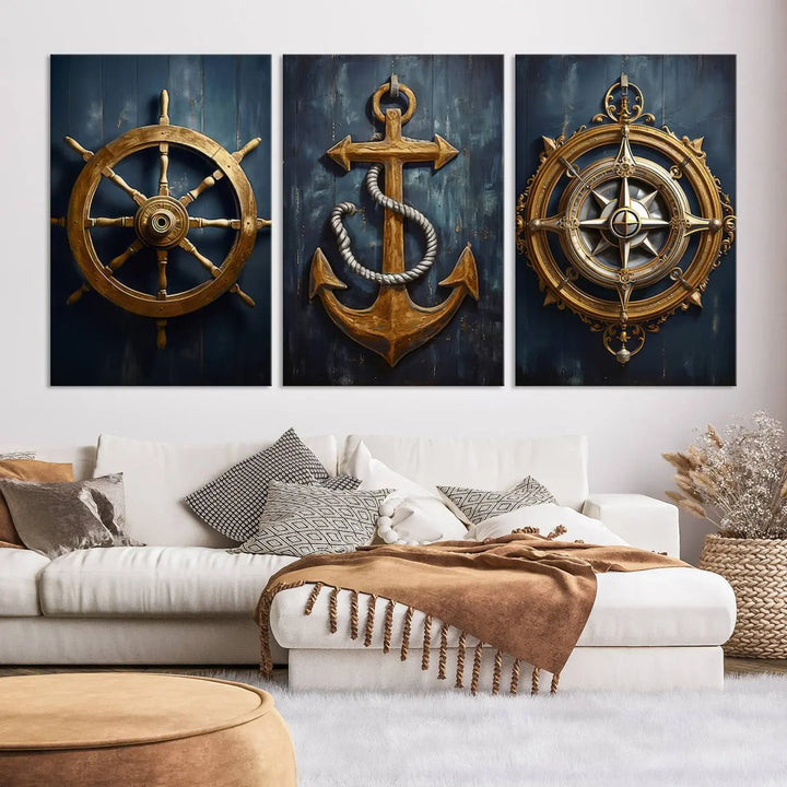 The walls are adorned with the Boat Anchor Compass With Rope Wall Art Canvas Print, evoking the serene essence of the sea in coastal decor.