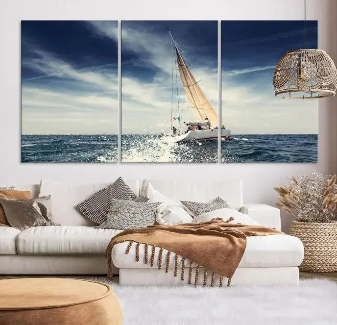 The "Boat on the Sea" wall art, featuring a sailboat on the ocean, adds elegance to a cozy living room with its gallery-wrapped canvas. This museum-quality piece shines brilliantly and is protected by a UV-coating to ensure its lasting beauty.