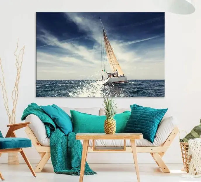 The "Boat on the Sea" wall art, featuring a sailboat on the ocean, adds elegance to a cozy living room with its gallery-wrapped canvas. This museum-quality piece shines brilliantly and is protected by a UV-coating to ensure its lasting beauty.