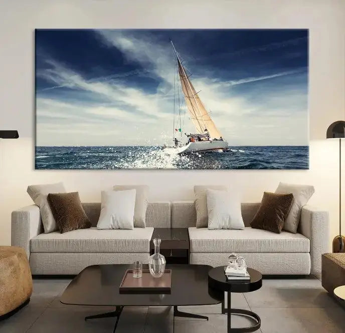 The "Boat on the Sea" wall art, featuring a sailboat on the ocean, adds elegance to a cozy living room with its gallery-wrapped canvas. This museum-quality piece shines brilliantly and is protected by a UV-coating to ensure its lasting beauty.