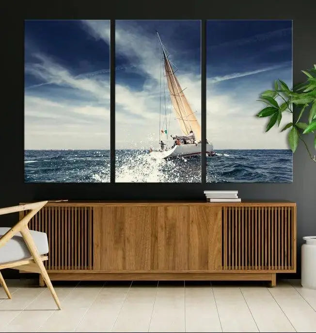 The "Boat on the Sea" wall art, featuring a sailboat on the ocean, adds elegance to a cozy living room with its gallery-wrapped canvas. This museum-quality piece shines brilliantly and is protected by a UV-coating to ensure its lasting beauty.