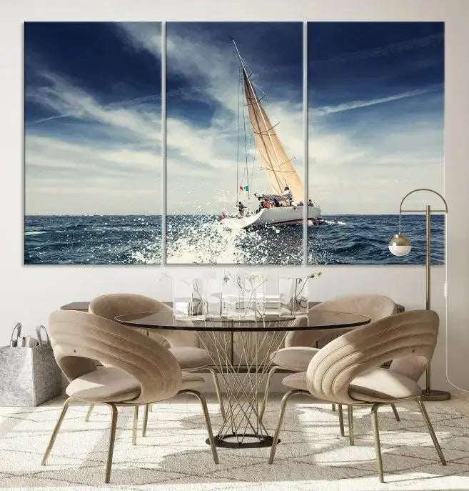 The "Boat on the Sea" wall art, featuring a sailboat on the ocean, adds elegance to a cozy living room with its gallery-wrapped canvas. This museum-quality piece shines brilliantly and is protected by a UV-coating to ensure its lasting beauty.