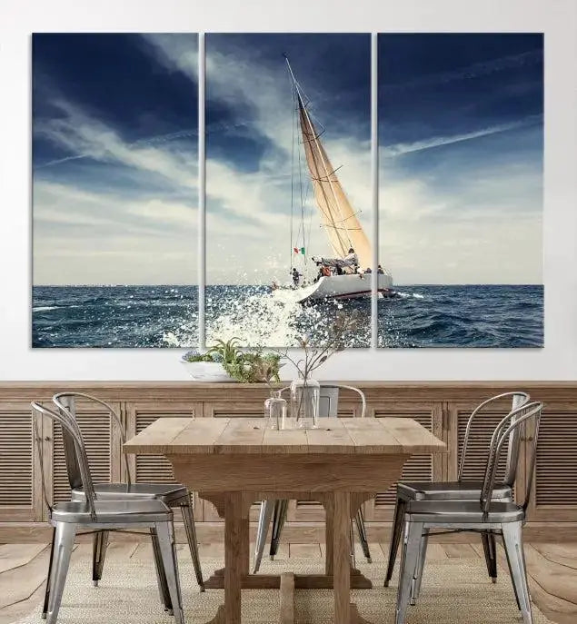 The "Boat on the Sea" wall art, featuring a sailboat on the ocean, adds elegance to a cozy living room with its gallery-wrapped canvas. This museum-quality piece shines brilliantly and is protected by a UV-coating to ensure its lasting beauty.