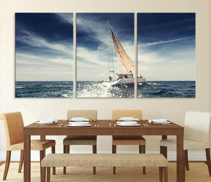 The "Boat on the Sea" wall art, featuring a sailboat on the ocean, adds elegance to a cozy living room with its gallery-wrapped canvas. This museum-quality piece shines brilliantly and is protected by a UV-coating to ensure its lasting beauty.