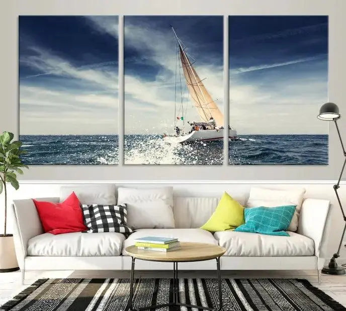 The "Boat on the Sea" wall art, featuring a sailboat on the ocean, adds elegance to a cozy living room with its gallery-wrapped canvas. This museum-quality piece shines brilliantly and is protected by a UV-coating to ensure its lasting beauty.