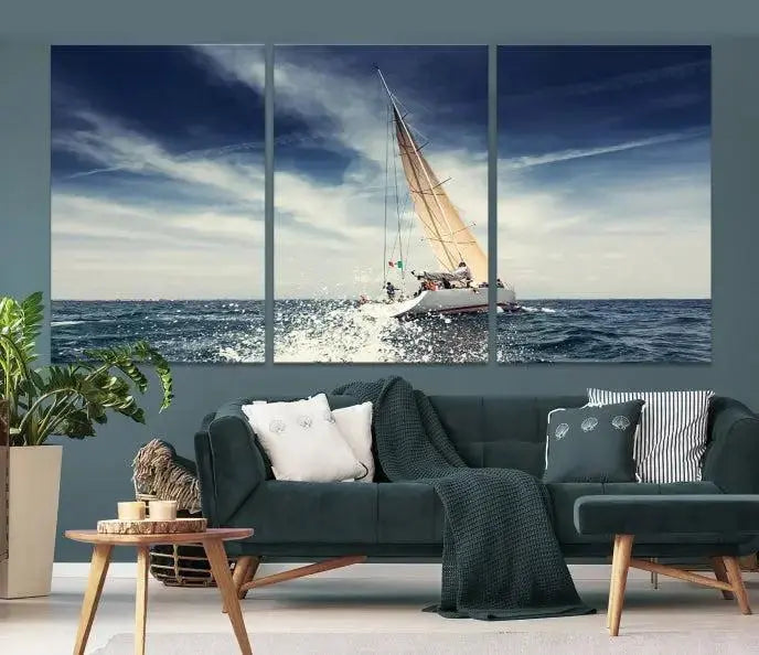 The "Boat on the Sea" wall art, featuring a sailboat on the ocean, adds elegance to a cozy living room with its gallery-wrapped canvas. This museum-quality piece shines brilliantly and is protected by a UV-coating to ensure its lasting beauty.