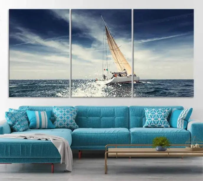 The "Boat on the Sea" wall art, featuring a sailboat on the ocean, adds elegance to a cozy living room with its gallery-wrapped canvas. This museum-quality piece shines brilliantly and is protected by a UV-coating to ensure its lasting beauty.