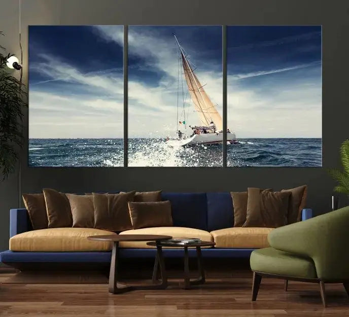 The "Boat on the Sea" wall art, featuring a sailboat on the ocean, adds elegance to a cozy living room with its gallery-wrapped canvas. This museum-quality piece shines brilliantly and is protected by a UV-coating to ensure its lasting beauty.