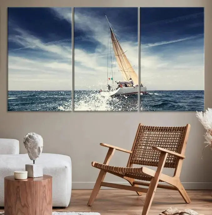 The "Boat on the Sea" wall art, featuring a sailboat on the ocean, adds elegance to a cozy living room with its gallery-wrapped canvas. This museum-quality piece shines brilliantly and is protected by a UV-coating to ensure its lasting beauty.