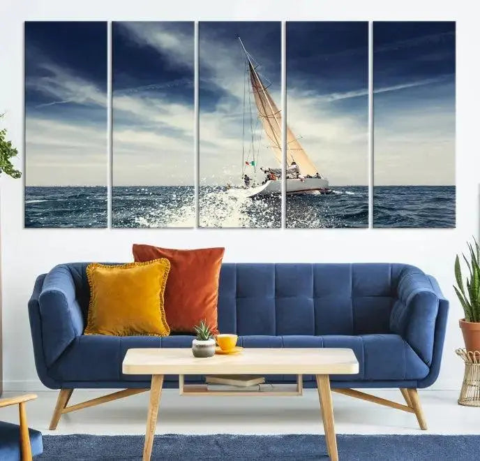 The "Boat on the Sea" wall art, featuring a sailboat on the ocean, adds elegance to a cozy living room with its gallery-wrapped canvas. This museum-quality piece shines brilliantly and is protected by a UV-coating to ensure its lasting beauty.