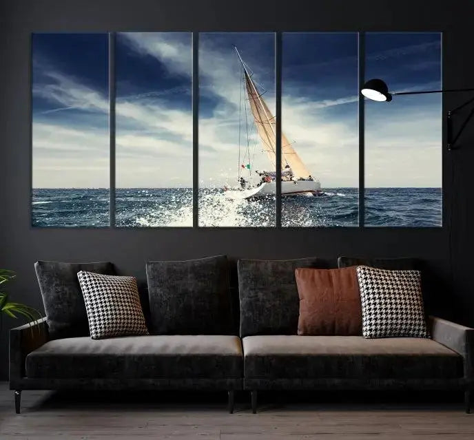 The "Boat on the Sea" wall art, featuring a sailboat on the ocean, adds elegance to a cozy living room with its gallery-wrapped canvas. This museum-quality piece shines brilliantly and is protected by a UV-coating to ensure its lasting beauty.