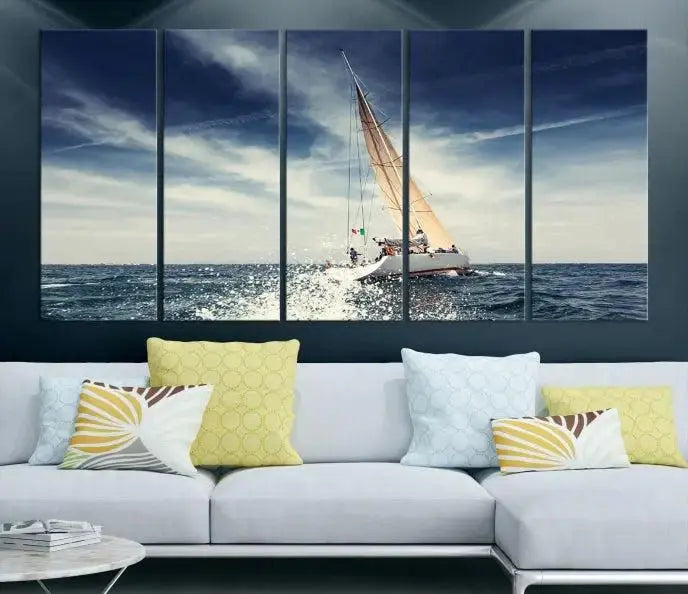 The "Boat on the Sea" wall art, featuring a sailboat on the ocean, adds elegance to a cozy living room with its gallery-wrapped canvas. This museum-quality piece shines brilliantly and is protected by a UV-coating to ensure its lasting beauty.