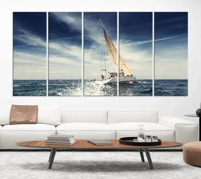 The "Boat on the Sea" wall art, featuring a sailboat on the ocean, adds elegance to a cozy living room with its gallery-wrapped canvas. This museum-quality piece shines brilliantly and is protected by a UV-coating to ensure its lasting beauty.