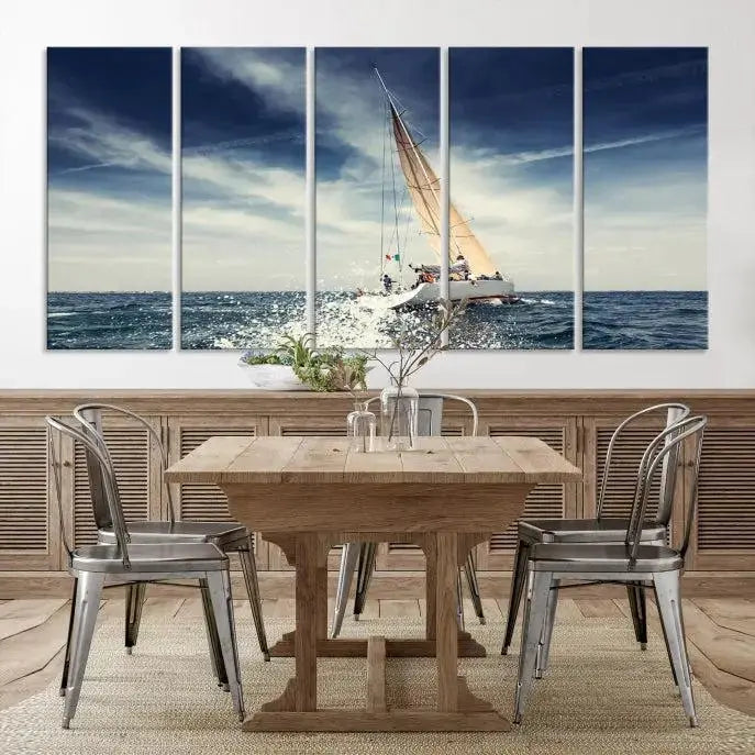 The "Boat on the Sea" wall art, featuring a sailboat on the ocean, adds elegance to a cozy living room with its gallery-wrapped canvas. This museum-quality piece shines brilliantly and is protected by a UV-coating to ensure its lasting beauty.