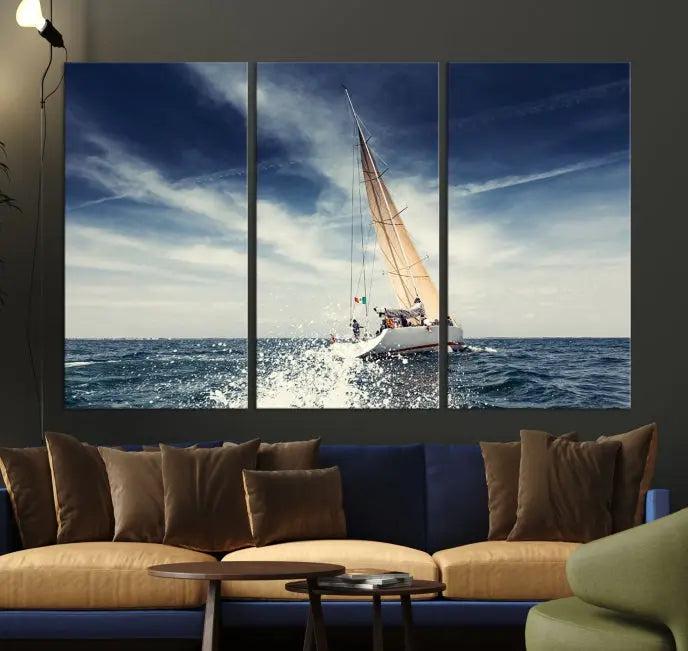 The "Boat on the Sea" wall art, featuring a sailboat on the ocean, adds elegance to a cozy living room with its gallery-wrapped canvas. This museum-quality piece shines brilliantly and is protected by a UV-coating to ensure its lasting beauty.