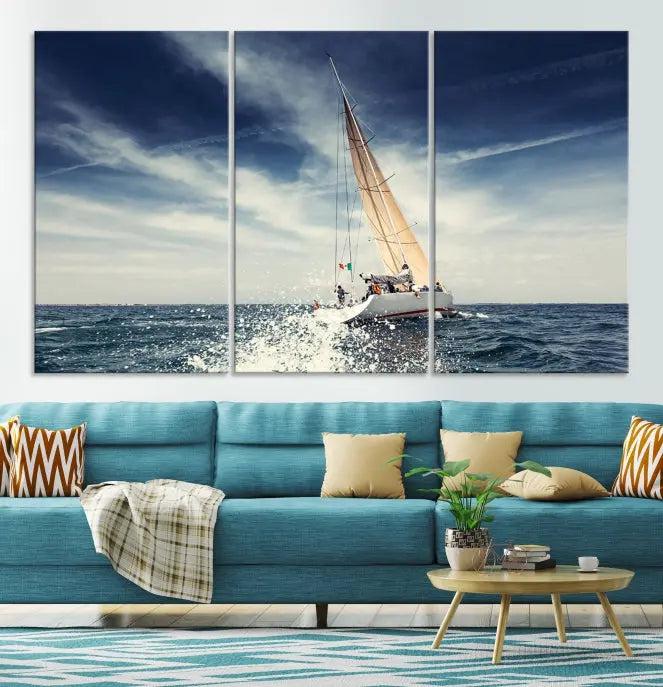 The "Boat on the Sea" wall art, featuring a sailboat on the ocean, adds elegance to a cozy living room with its gallery-wrapped canvas. This museum-quality piece shines brilliantly and is protected by a UV-coating to ensure its lasting beauty.