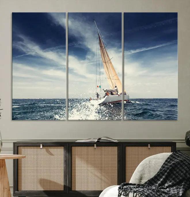 The "Boat on the Sea" wall art, featuring a sailboat on the ocean, adds elegance to a cozy living room with its gallery-wrapped canvas. This museum-quality piece shines brilliantly and is protected by a UV-coating to ensure its lasting beauty.