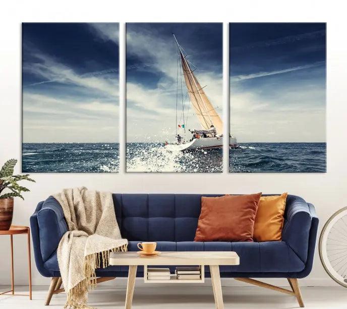 The "Boat on the Sea" wall art, featuring a sailboat on the ocean, adds elegance to a cozy living room with its gallery-wrapped canvas. This museum-quality piece shines brilliantly and is protected by a UV-coating to ensure its lasting beauty.