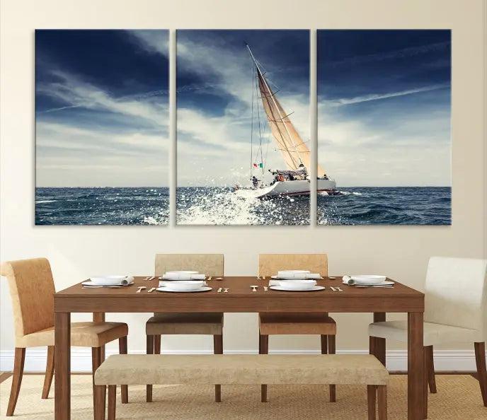 The "Boat on the Sea" wall art, featuring a sailboat on the ocean, adds elegance to a cozy living room with its gallery-wrapped canvas. This museum-quality piece shines brilliantly and is protected by a UV-coating to ensure its lasting beauty.