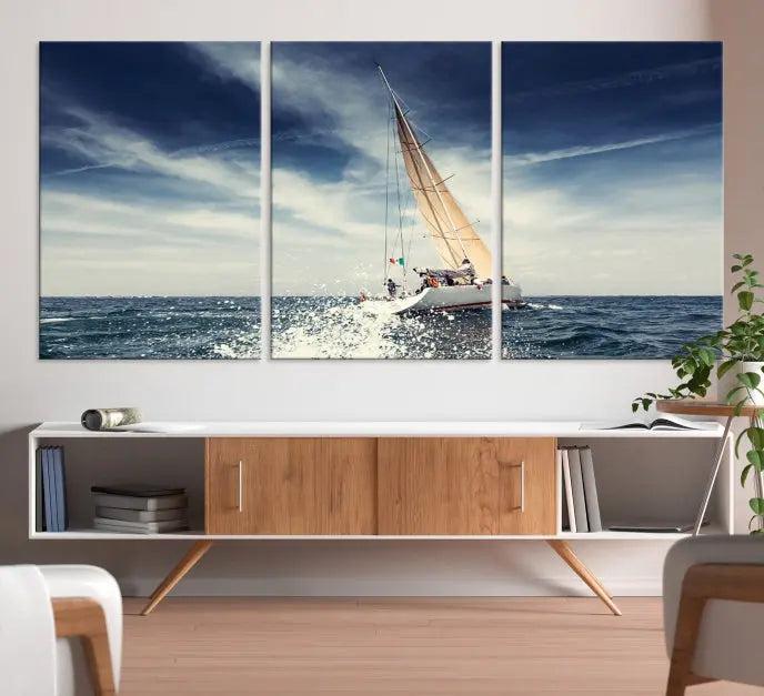 The "Boat on the Sea" wall art, featuring a sailboat on the ocean, adds elegance to a cozy living room with its gallery-wrapped canvas. This museum-quality piece shines brilliantly and is protected by a UV-coating to ensure its lasting beauty.