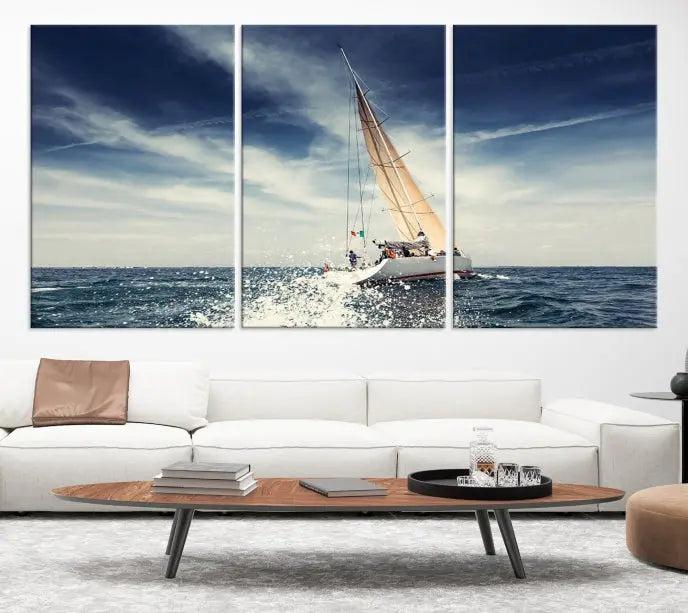 The "Boat on the Sea" wall art, featuring a sailboat on the ocean, adds elegance to a cozy living room with its gallery-wrapped canvas. This museum-quality piece shines brilliantly and is protected by a UV-coating to ensure its lasting beauty.