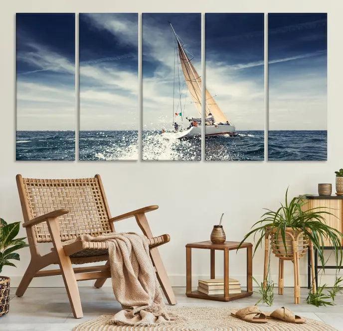 The "Boat on the Sea" wall art, featuring a sailboat on the ocean, adds elegance to a cozy living room with its gallery-wrapped canvas. This museum-quality piece shines brilliantly and is protected by a UV-coating to ensure its lasting beauty.