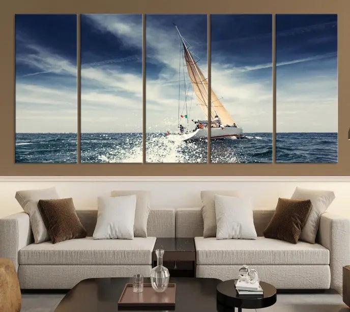 The "Boat on the Sea" wall art, featuring a sailboat on the ocean, adds elegance to a cozy living room with its gallery-wrapped canvas. This museum-quality piece shines brilliantly and is protected by a UV-coating to ensure its lasting beauty.