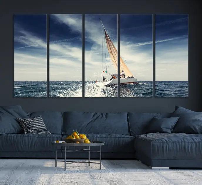 The "Boat on the Sea" wall art, featuring a sailboat on the ocean, adds elegance to a cozy living room with its gallery-wrapped canvas. This museum-quality piece shines brilliantly and is protected by a UV-coating to ensure its lasting beauty.