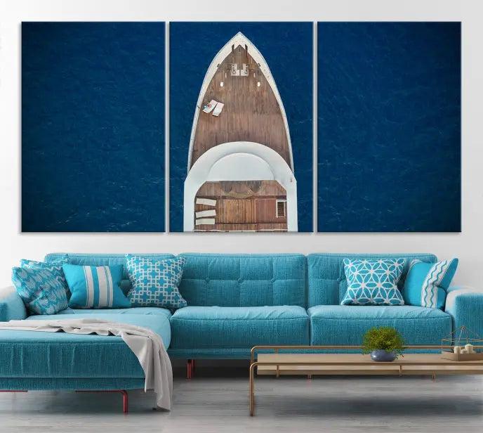 The Boat on the Sea Wall Art Canvas Print, depicting an aerial view of a yacht on ocean water, adds elegance to any room. This triptych is crafted on museum-quality canvas, ready to hang, and includes a UV-protective coating for enduring vibrancy.