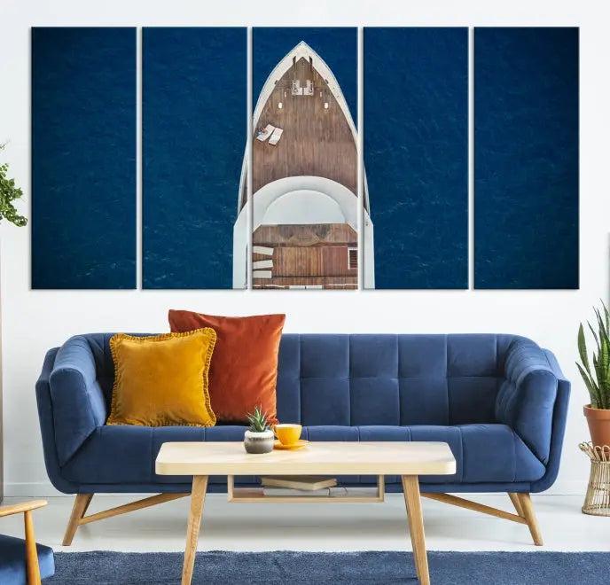 The Boat on the Sea Wall Art Canvas Print, depicting an aerial view of a yacht on ocean water, adds elegance to any room. This triptych is crafted on museum-quality canvas, ready to hang, and includes a UV-protective coating for enduring vibrancy.