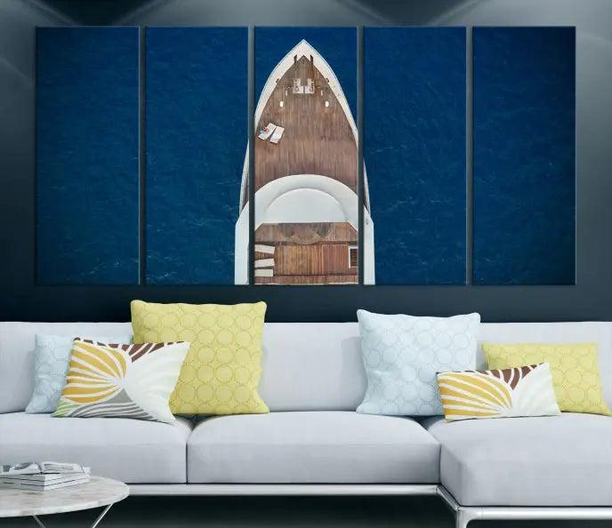 The Boat on the Sea Wall Art Canvas Print, depicting an aerial view of a yacht on ocean water, adds elegance to any room. This triptych is crafted on museum-quality canvas, ready to hang, and includes a UV-protective coating for enduring vibrancy.