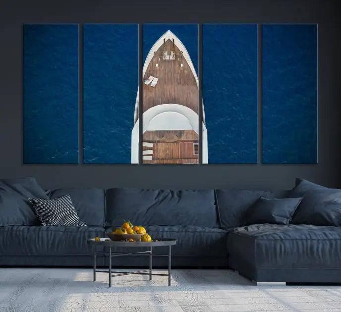 The Boat on the Sea Wall Art Canvas Print, depicting an aerial view of a yacht on ocean water, adds elegance to any room. This triptych is crafted on museum-quality canvas, ready to hang, and includes a UV-protective coating for enduring vibrancy.