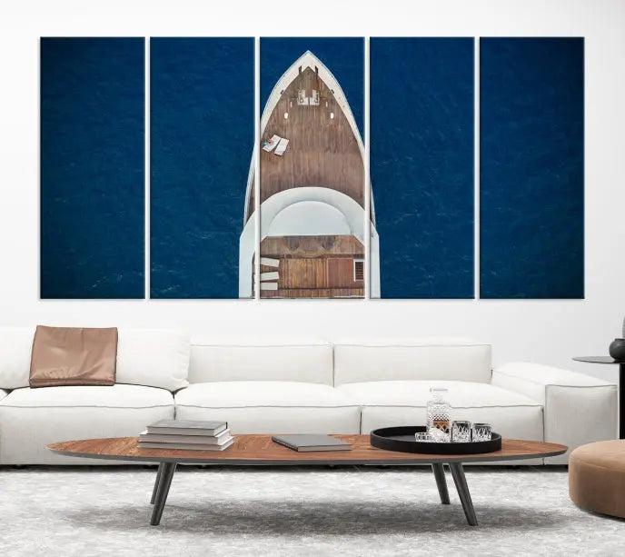 The Boat on the Sea Wall Art Canvas Print, depicting an aerial view of a yacht on ocean water, adds elegance to any room. This triptych is crafted on museum-quality canvas, ready to hang, and includes a UV-protective coating for enduring vibrancy.