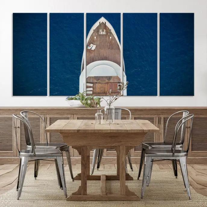 The Boat on the Sea Wall Art Canvas Print, depicting an aerial view of a yacht on ocean water, adds elegance to any room. This triptych is crafted on museum-quality canvas, ready to hang, and includes a UV-protective coating for enduring vibrancy.