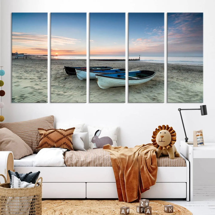 The "Boats On The Beach Wall Art Canvas Print," featuring a triptych photo of boats at sunset, is printed on museum-quality canvas with a UV-protective coating.