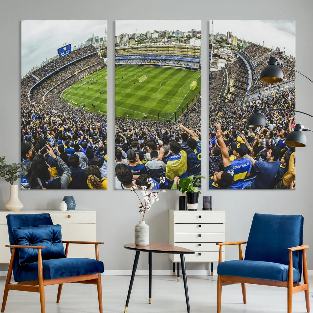 The Boca Juniors Soccer Team Print - Buenos Aires Bombonera Stadium Wall Art Canvas Print, depicting a crowded soccer stadium with passionate fans, is printed on museum quality canvas and enhanced with UV-protective coating. This three-panel piece ensures high-resolution vibrant colors that won't fade over time.