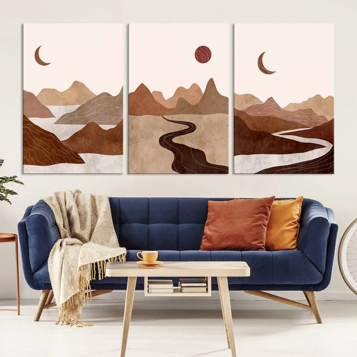 The living room features a set of three Boho Wall Art Canvas Prints. These Bohemian Neutral artworks are crafted by a professional craftsman, offering museum-quality canvases that enhance the aesthetic allure of the space.