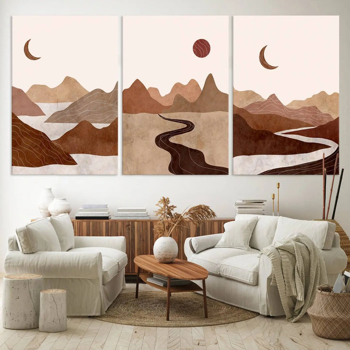 The living room features a set of three Boho Wall Art Canvas Prints. These Bohemian Neutral artworks are crafted by a professional craftsman, offering museum-quality canvases that enhance the aesthetic allure of the space.