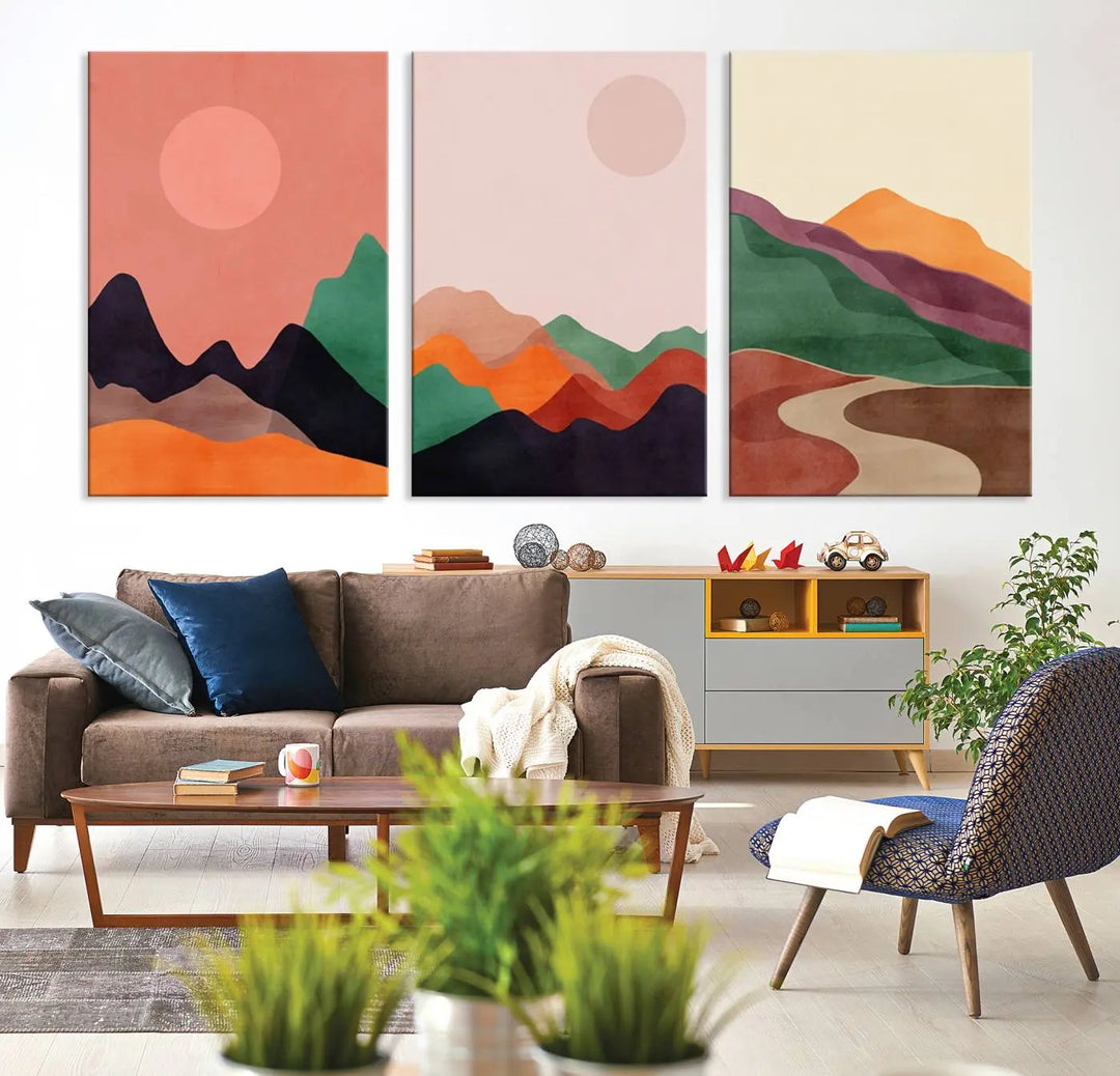 The Boho Wall Art Canvas Print Set, featuring mid-century bohemian prints on ready-to-hang museum-quality canvases, enhances the modern living room.