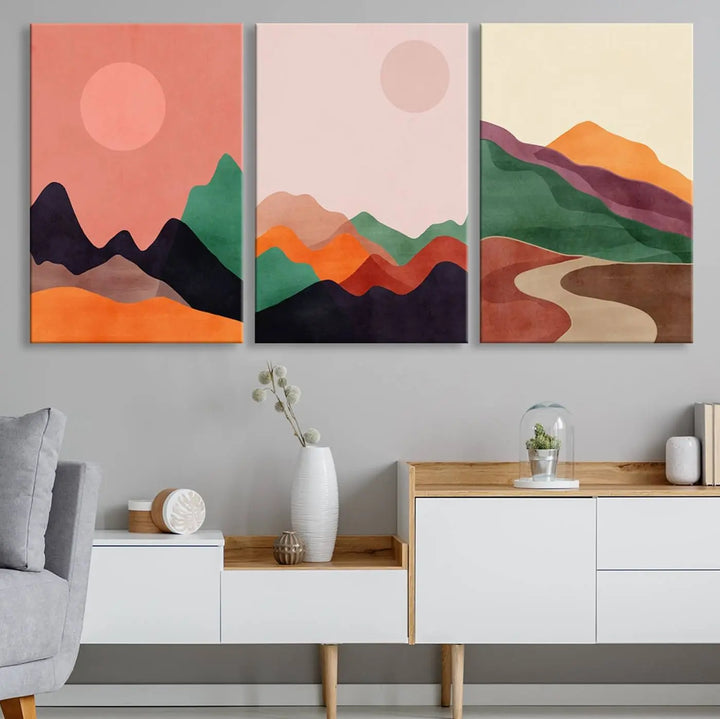 The Boho Wall Art Canvas Print Set, featuring mid-century bohemian prints on ready-to-hang museum-quality canvases, enhances the modern living room.