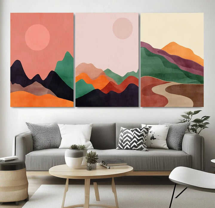 The Boho Wall Art Canvas Print Set, featuring mid-century bohemian prints on ready-to-hang museum-quality canvases, enhances the modern living room.